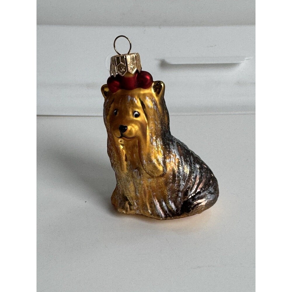 Yorkie Dog Glass Ornament Made In Poland - Vintage Gold Glitter Hand painted